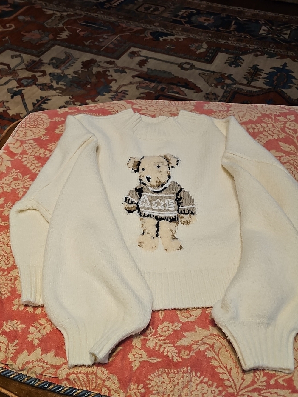 American Eagle Cream Knit Sweater with Teddy Bear Graphic-Snow Stopper